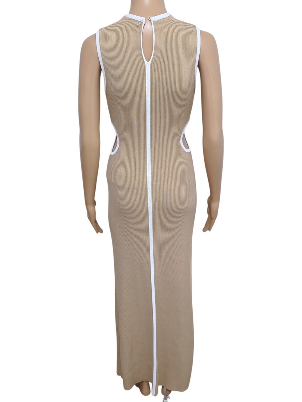 DISSH Binding Wheat Knit Midi Dress Cutout Beige White Piping M Minimalist - Picture 4 of 10